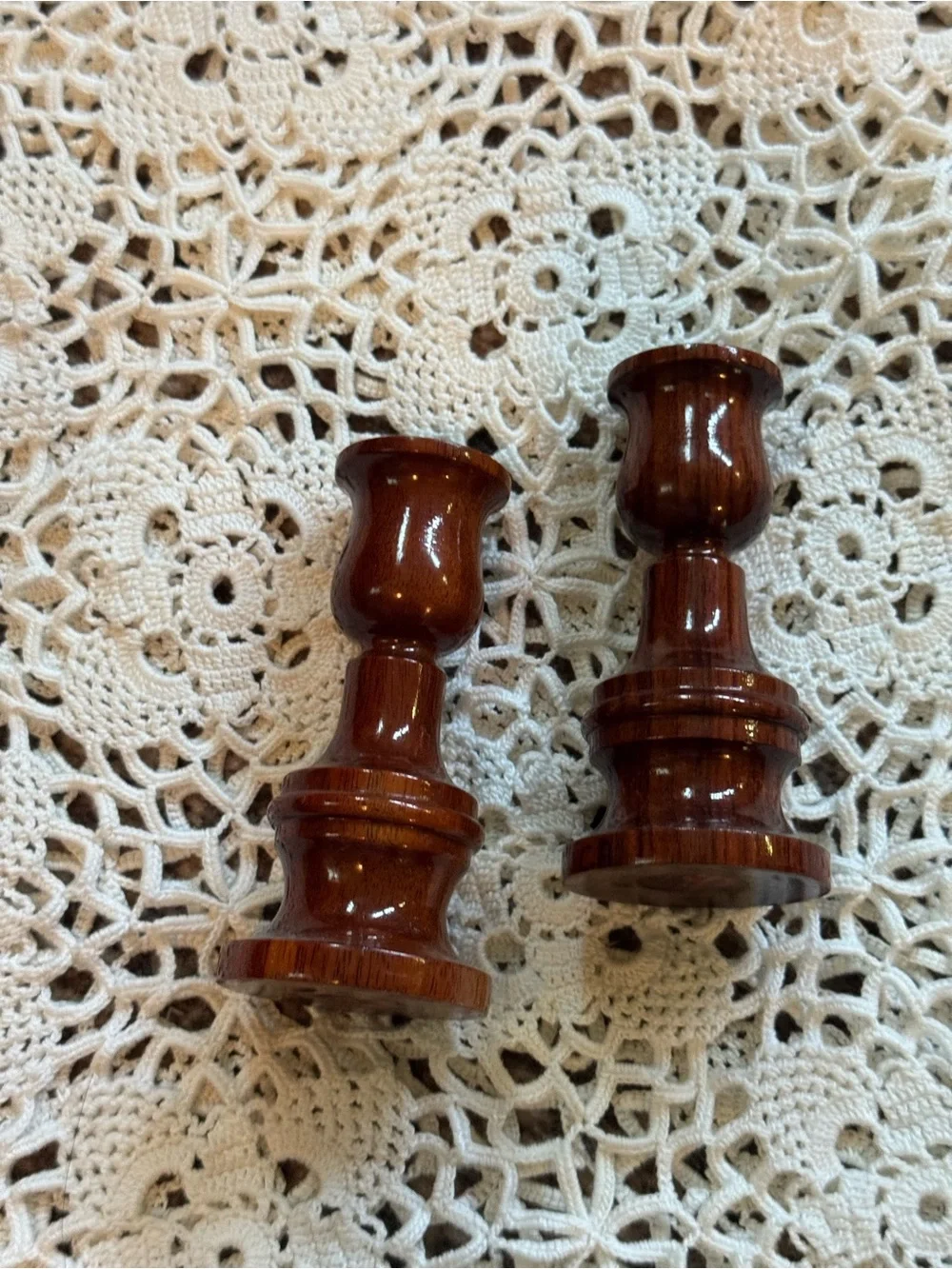 Vintage Glossy Brown Wood Candlestick Pair